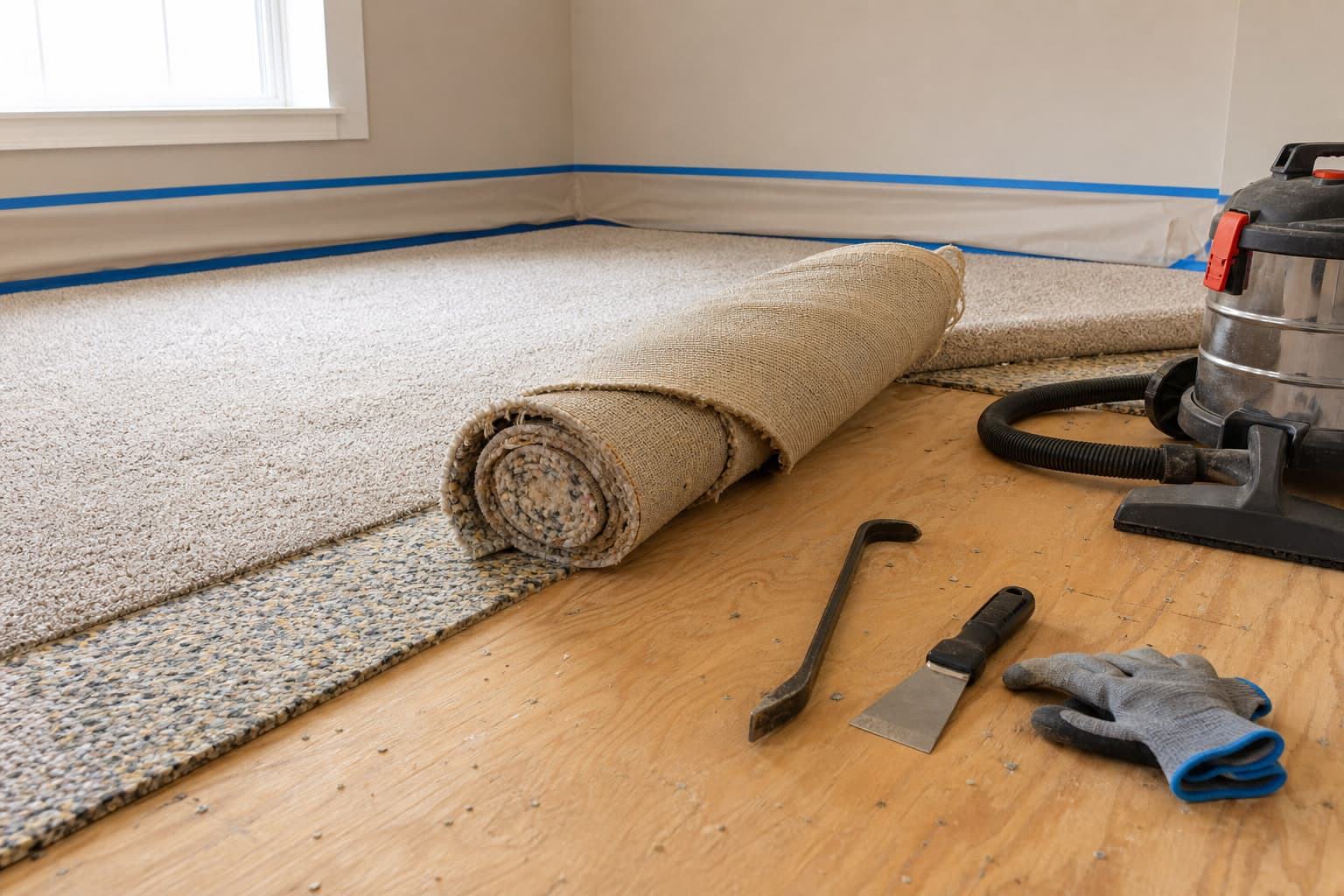 Rolled carpet, exposed plywood subfloor, and removal tools in a residential room