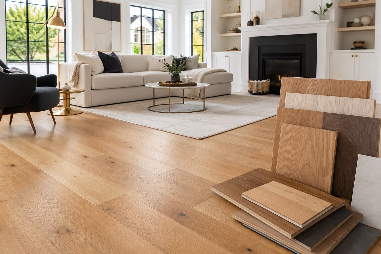 Flooring samples arranged in a finished living room