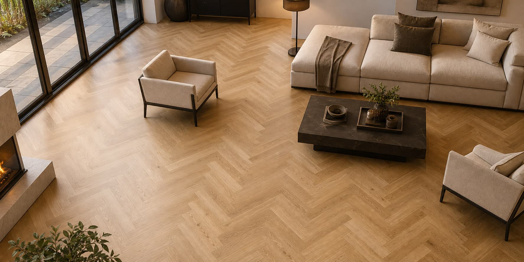 Finished living room with professionally installed flooring