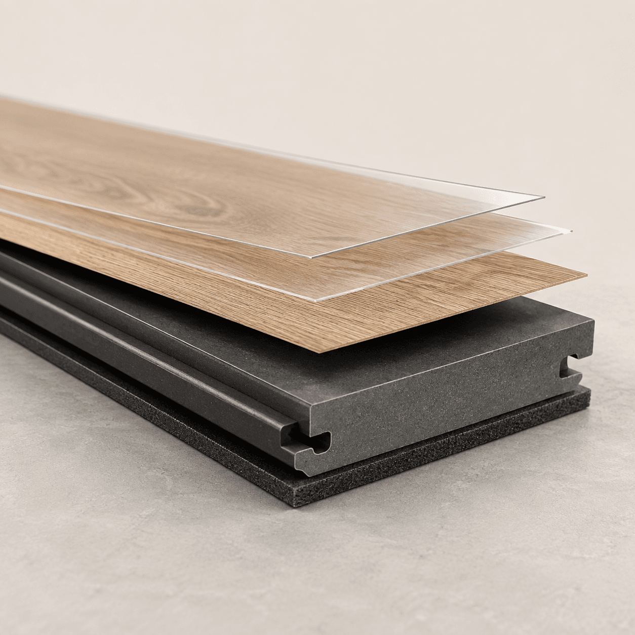 Realistic cutaway of a wood-look Luxury Vinyl plank with enlarged clear layers, a printed layer, a thick stiff center, a bottom pad, and a click-together edge