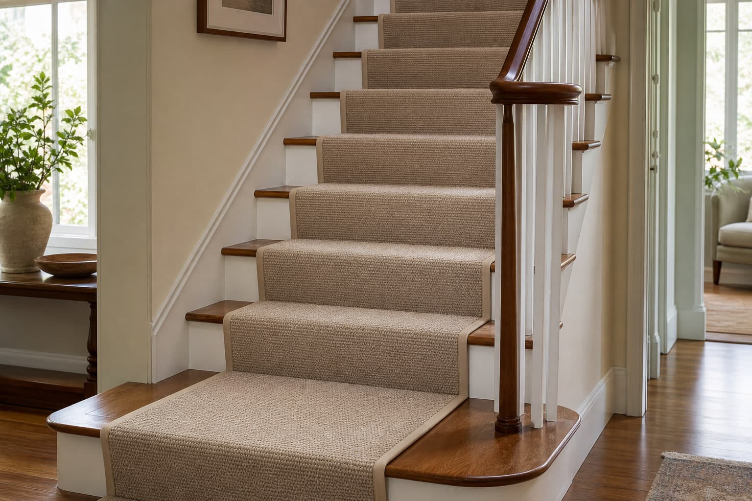 Neutral woven carpet runner fitted to a residential hardwood staircase
