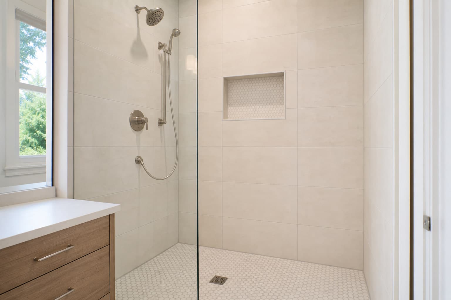 Large-format wall tile and mosaic floor tile in a finished walk-in shower