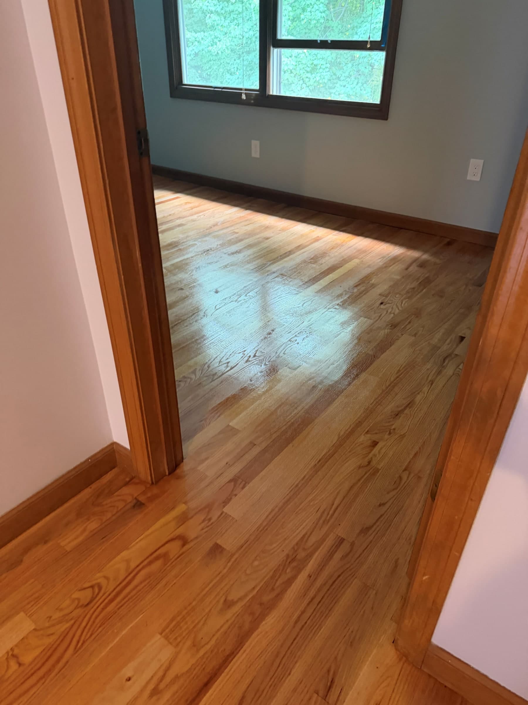 View through a doorway into an Enfield bedroom with stained and refinished hardwood