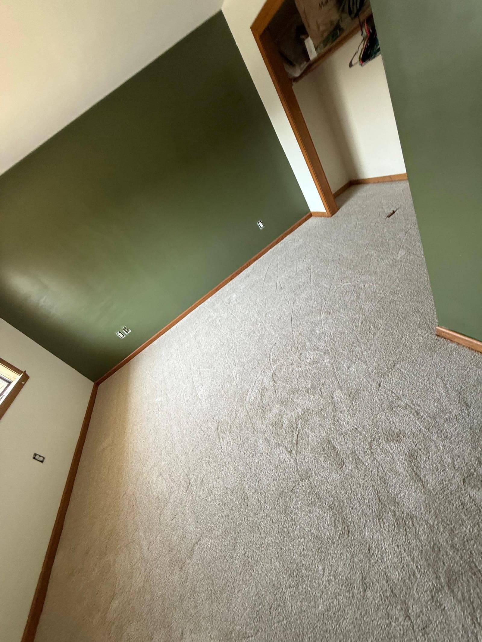 Light carpet installed in a Newington bedroom and closet with green walls and wood trim