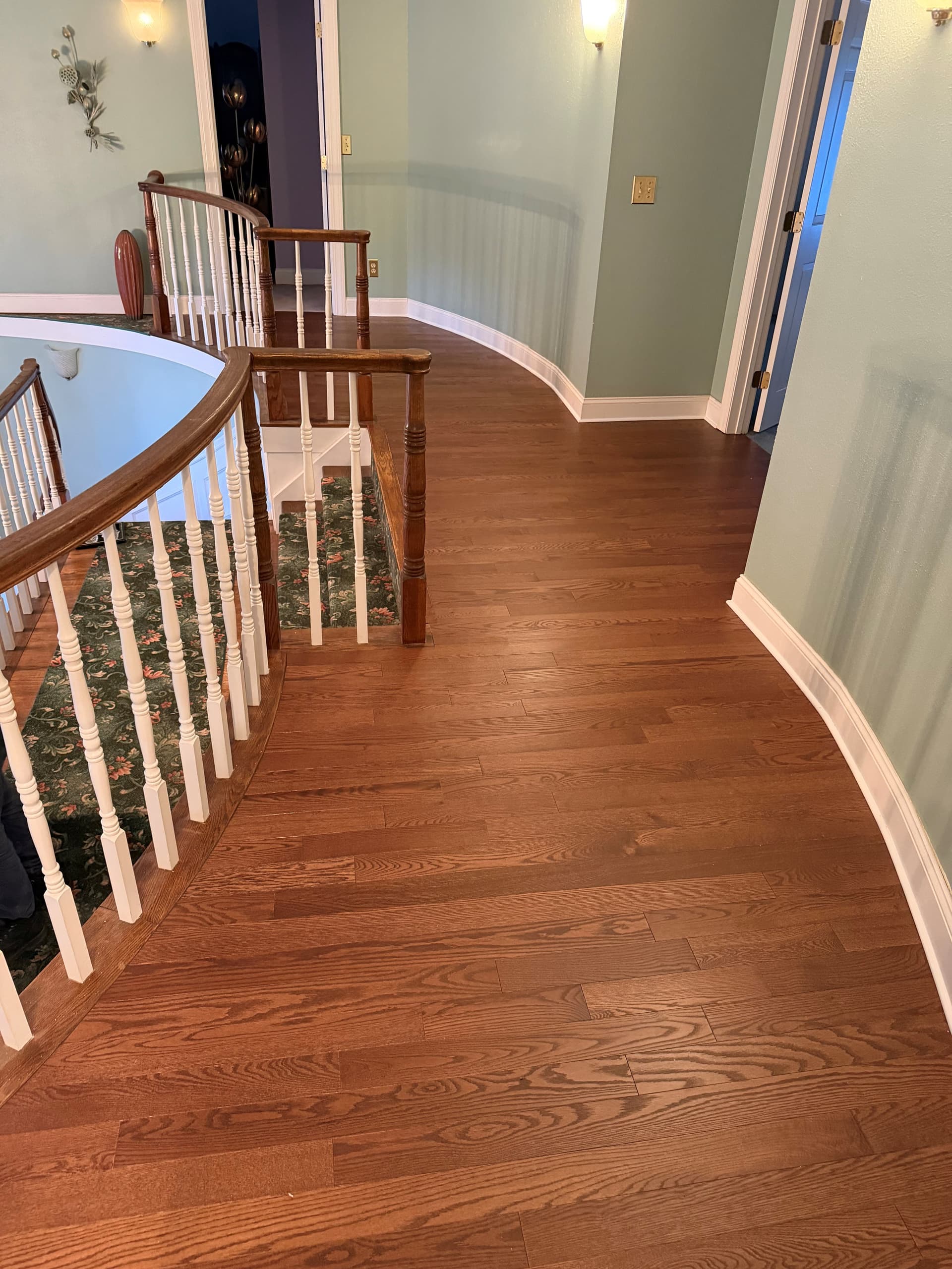 Maine Traditions Casco Bay Red Oak Mackworth solid hardwood installed across an upstairs landing in Southington