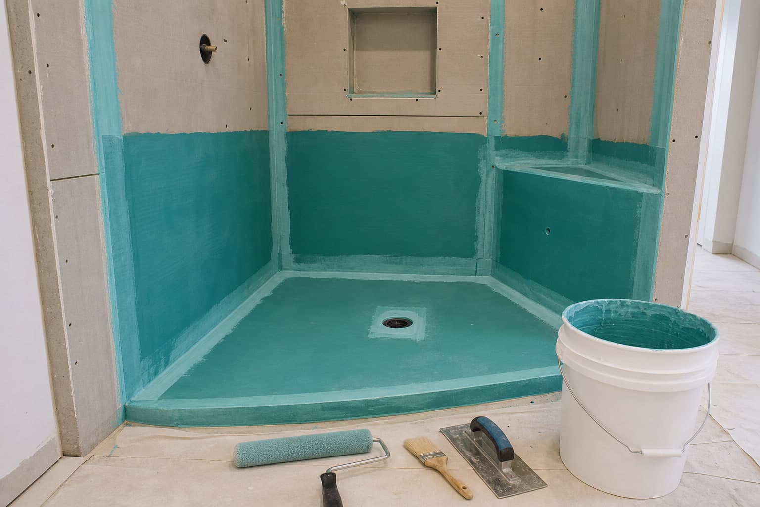 Teal waterproofing membrane applied to a walk-in shower before tile