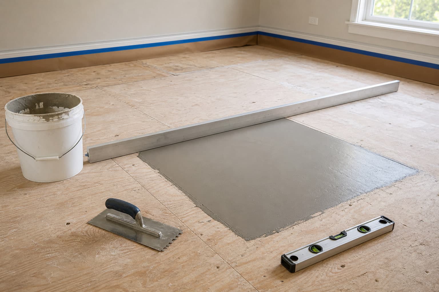 Floor patch, straightedge, and level on a residential plywood subfloor
