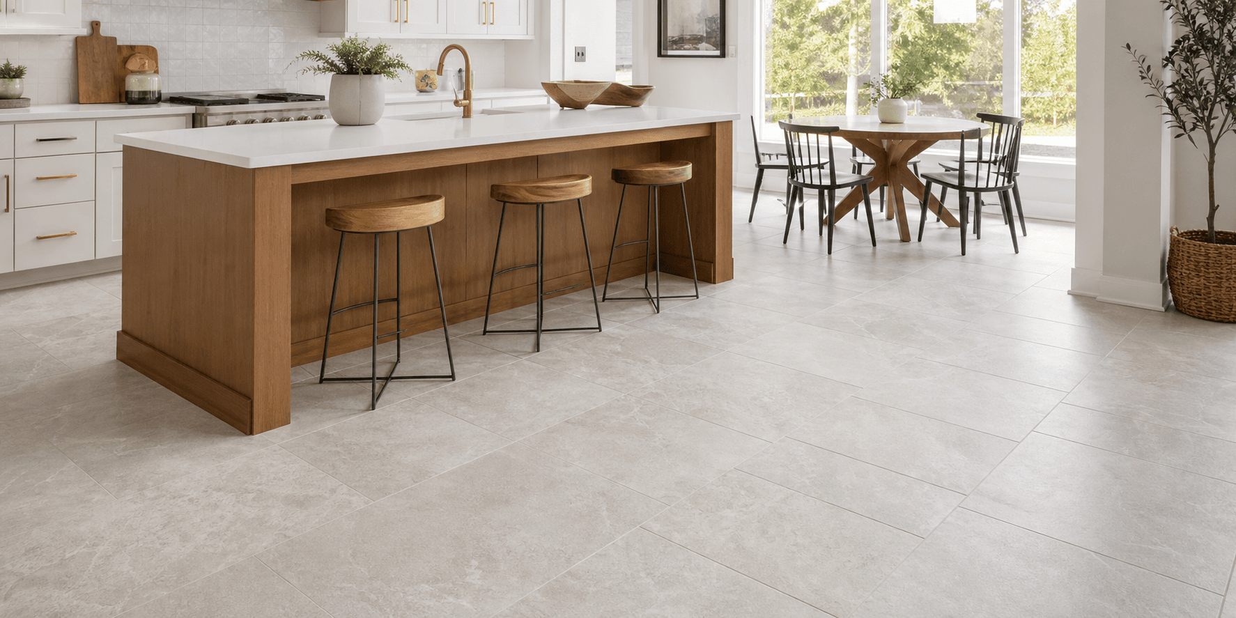 Bright kitchen with light tile flooring