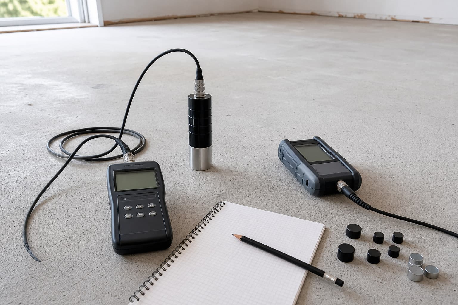 Concrete moisture meters and test probe arranged on a residential subfloor