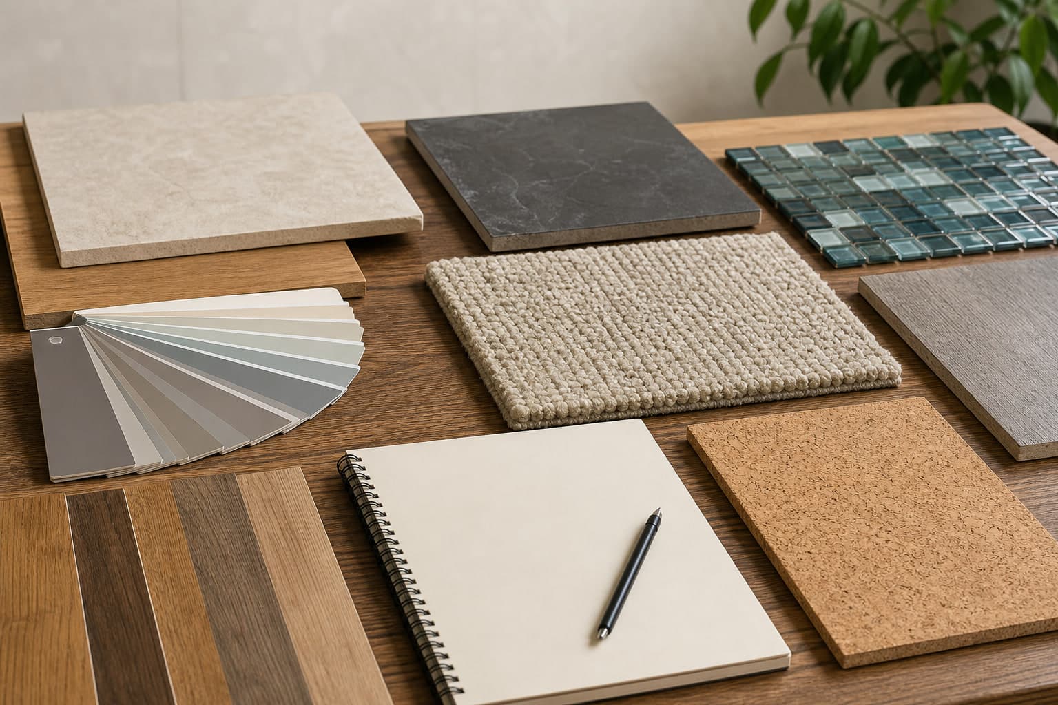 Hardwood, carpet, tile, glass, cork, and color samples arranged on a consultation table