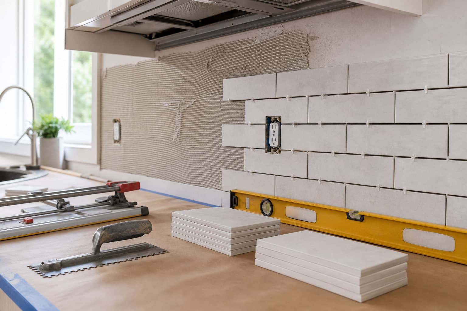 Backsplash tile, spacers, mortar, and tools arranged in a residential kitchen