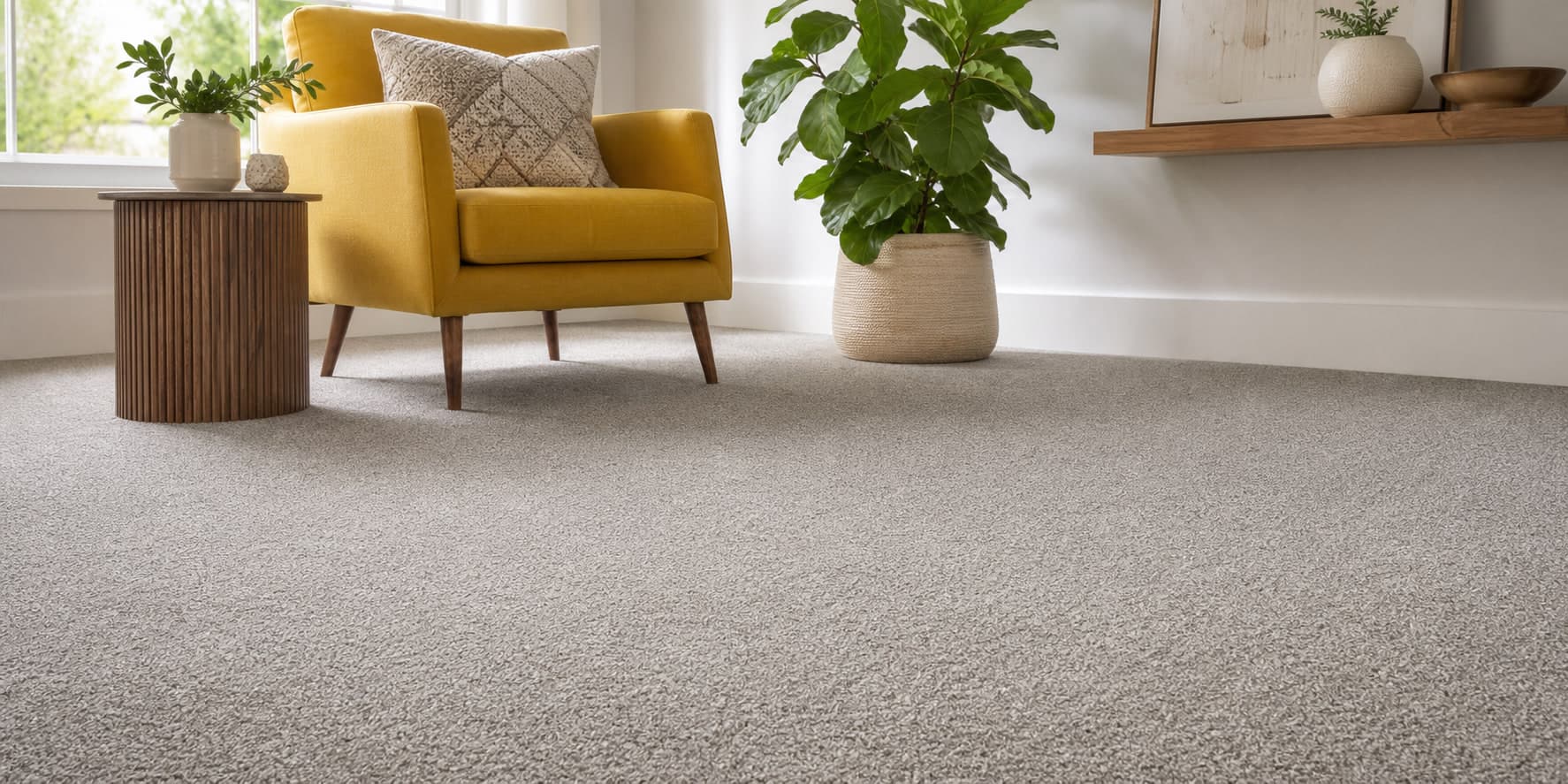 Comfortable sitting room with neutral carpet flooring