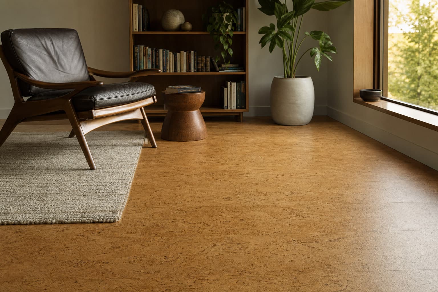 Natural cork flooring in a warm residential reading room