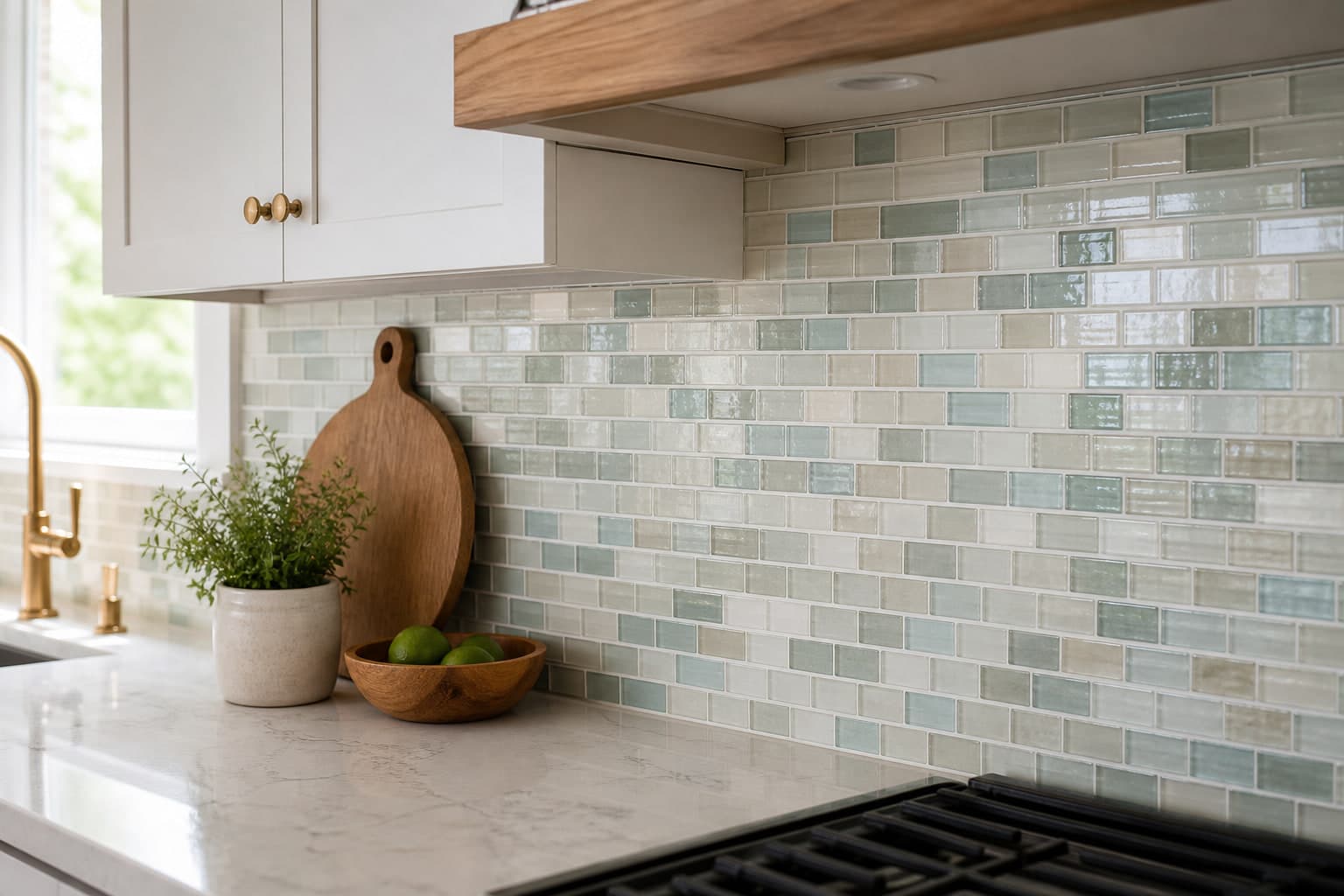 Blue-green glass mosaic tile backsplash in a residential kitchen