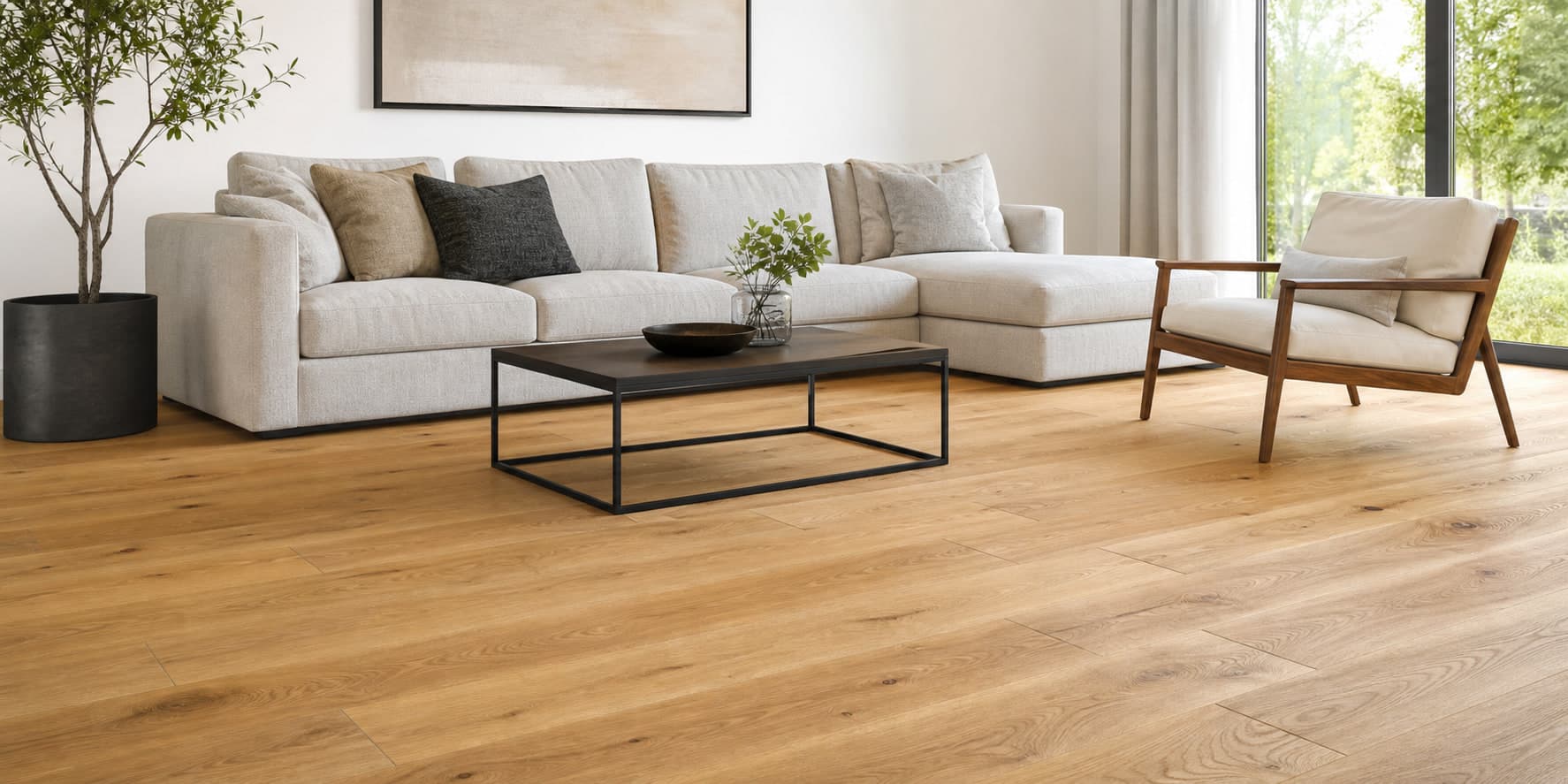 Warm living room with natural hardwood flooring