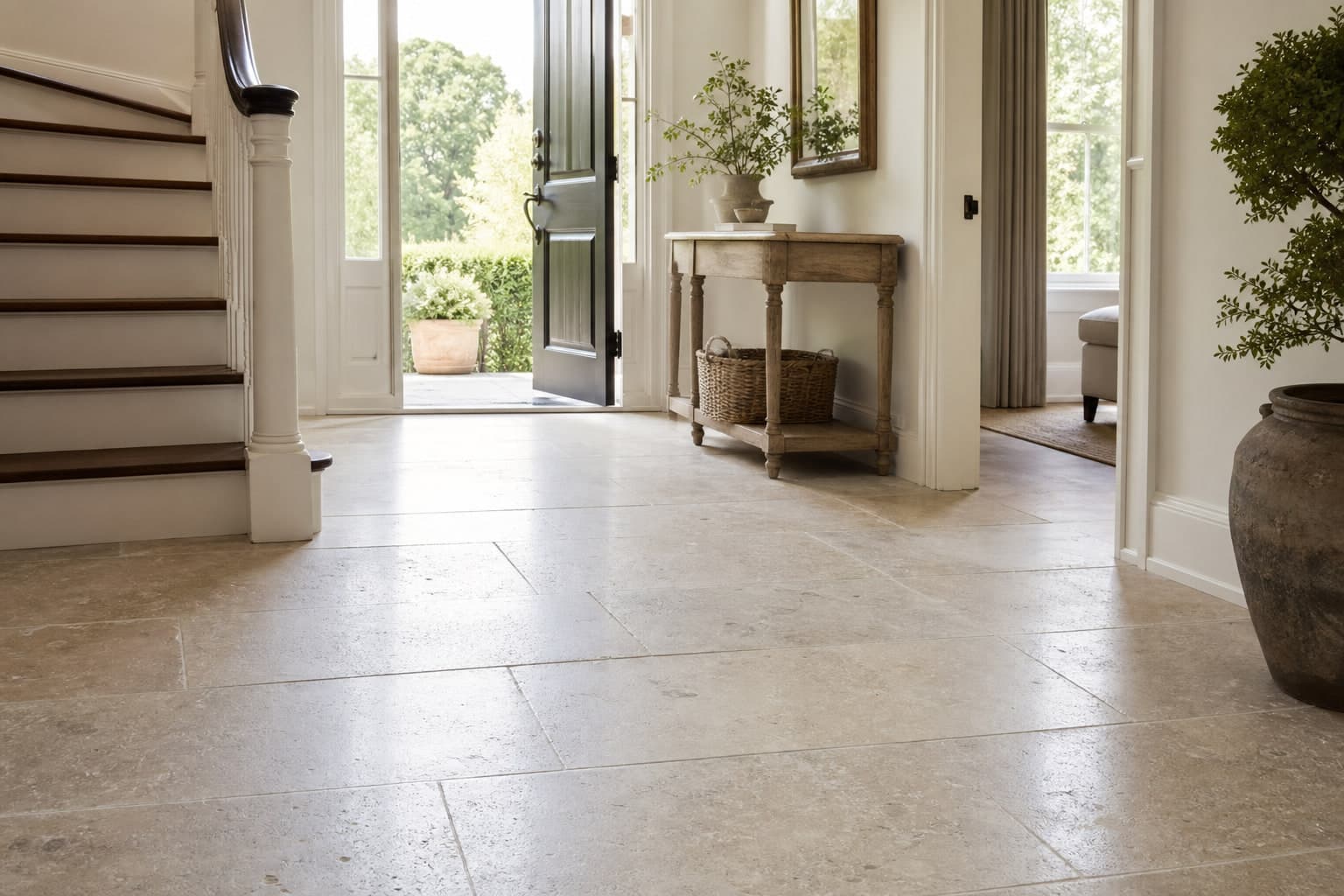Honed natural limestone flooring in a bright residential entryway