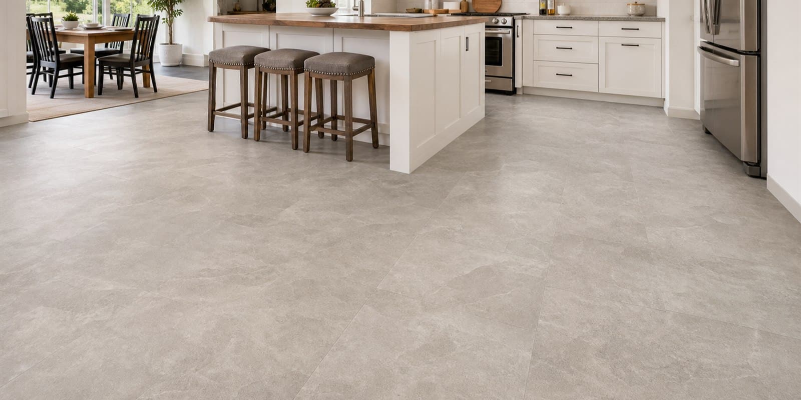 Bright kitchen with stone-look luxury vinyl tile flooring