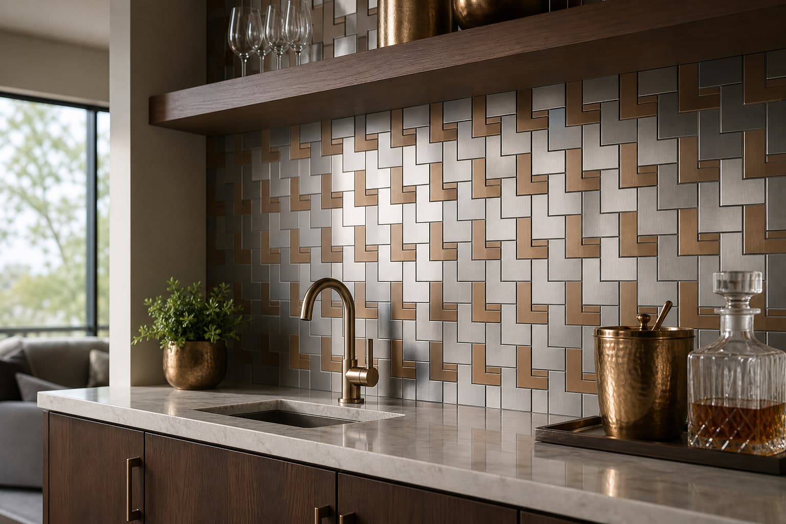 Brushed steel and bronze metal tile backsplash in a residential wet bar