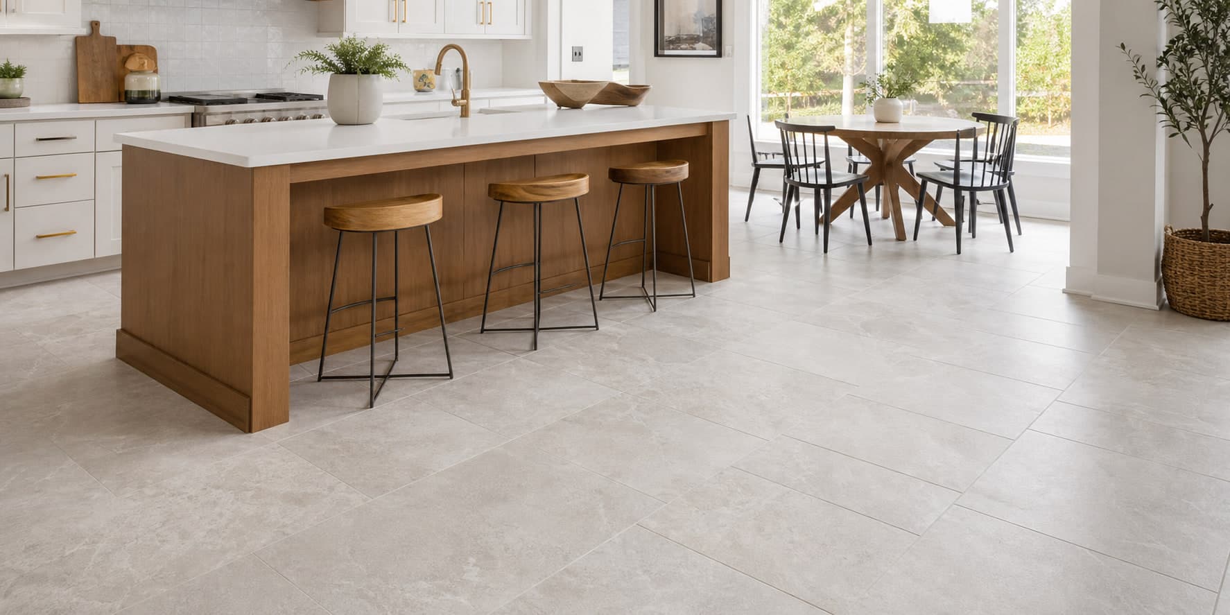 Bright kitchen and dining area with large-format light tile flooring