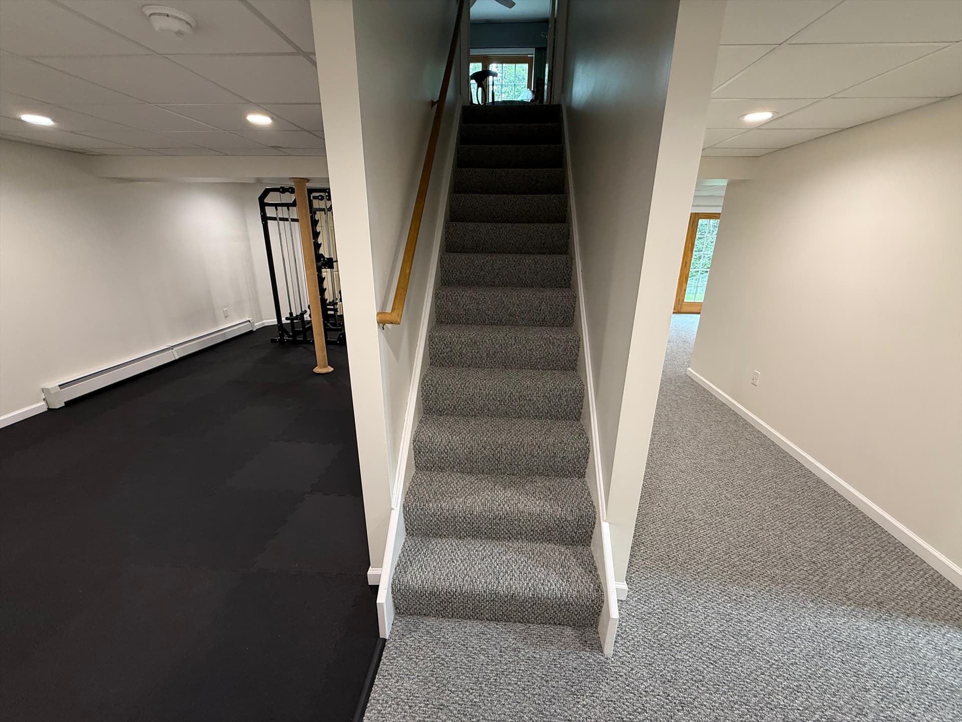 Madoc Coracle carpet on a Colchester basement staircase beside black rubber gym flooring