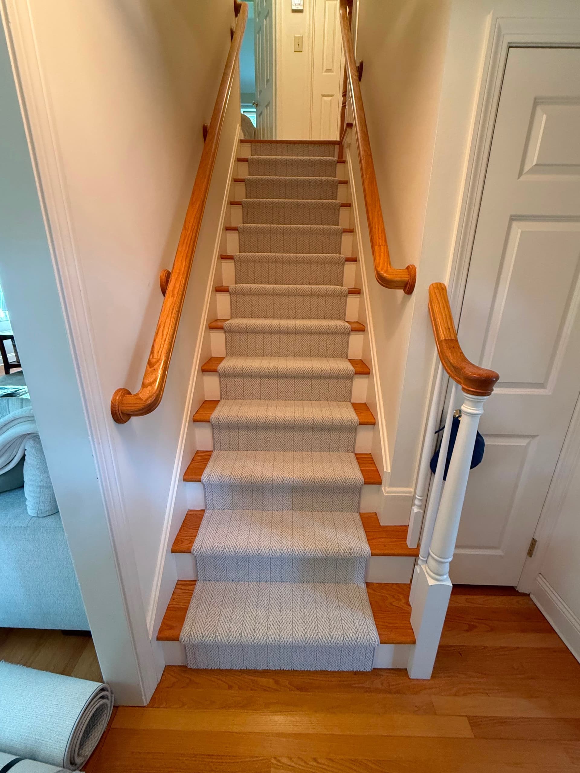 Centered NRF Select Sicily runner in Palermo installed Hollywood style on a hardwood staircase in Glastonbury